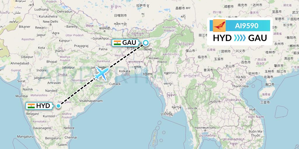 AI9590 Air India Flight Map: Hyderabad to Guwahati