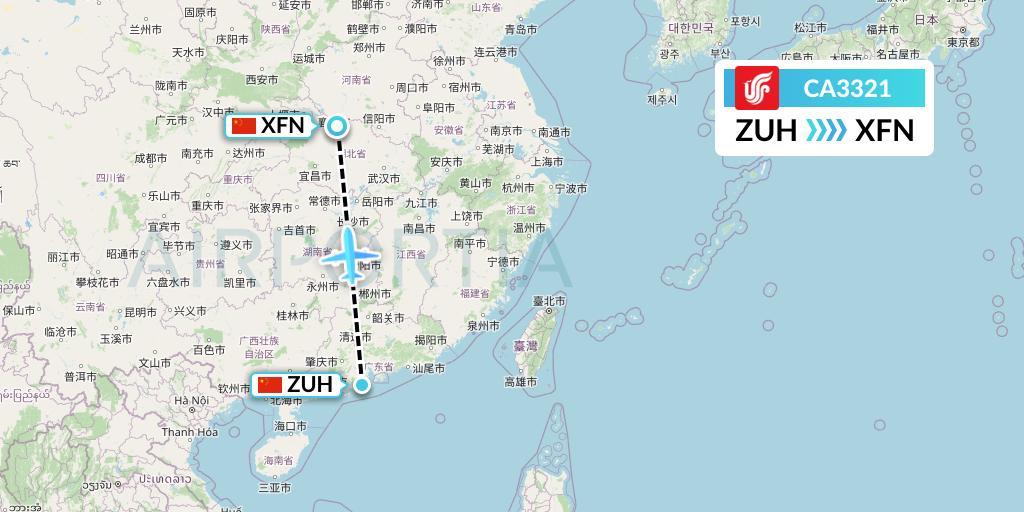 CA3321 Air China Flight Map: Zhuhai to Xiangyang