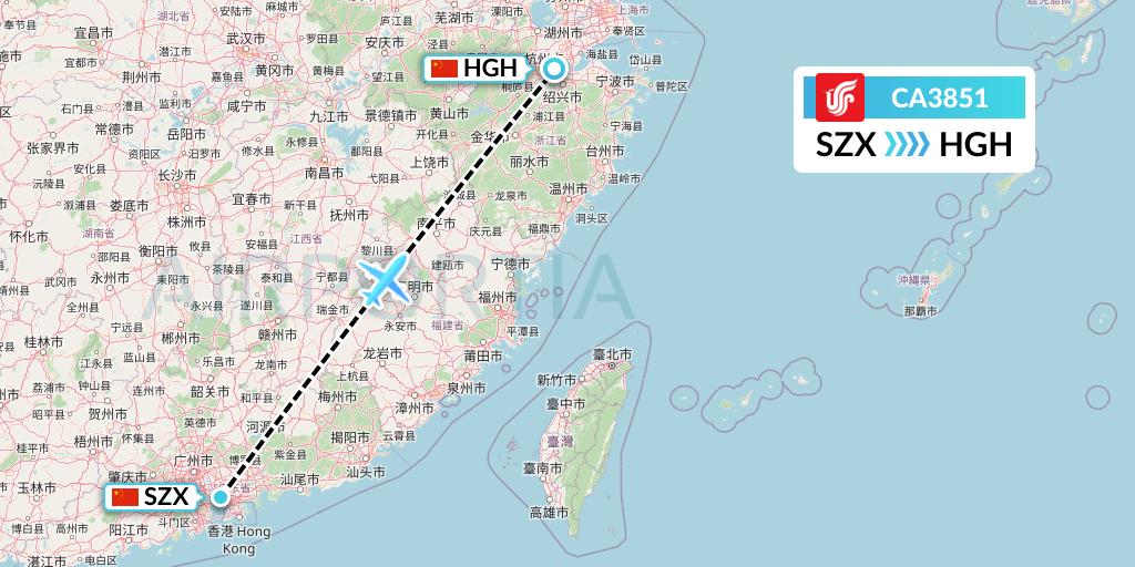 CA3851 Air China Flight Map: Shenzhen to Hangzhou