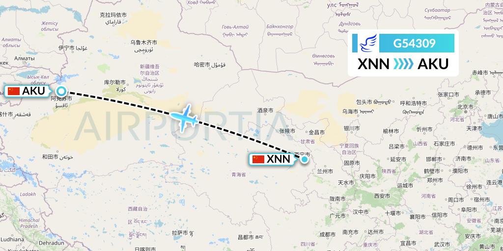 G54309 China Express Airlines Flight Map: Xining to Aksu