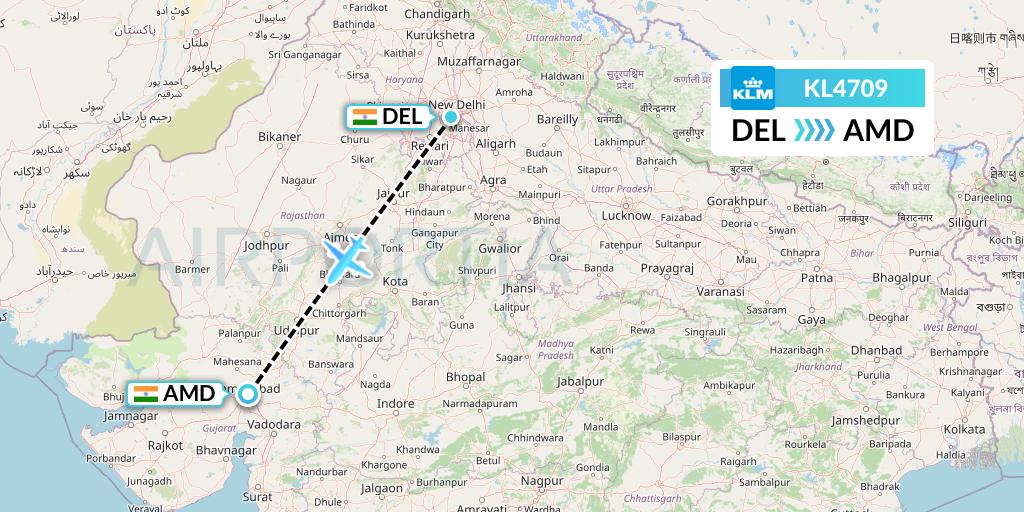 KL4709 KLM Flight Map: Delhi to Ahmedabad