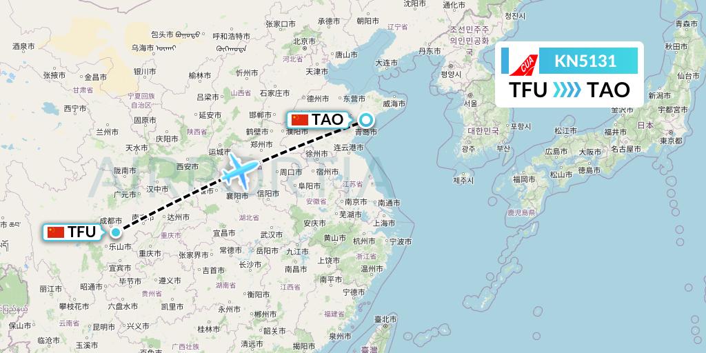 KN5131 China United Airlines Flight Map: Chengdu to Qingdao