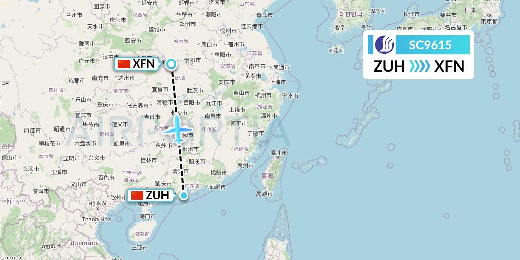 SC9615 Shandong Airlines Flight Map: Zhuhai to Xiangyang