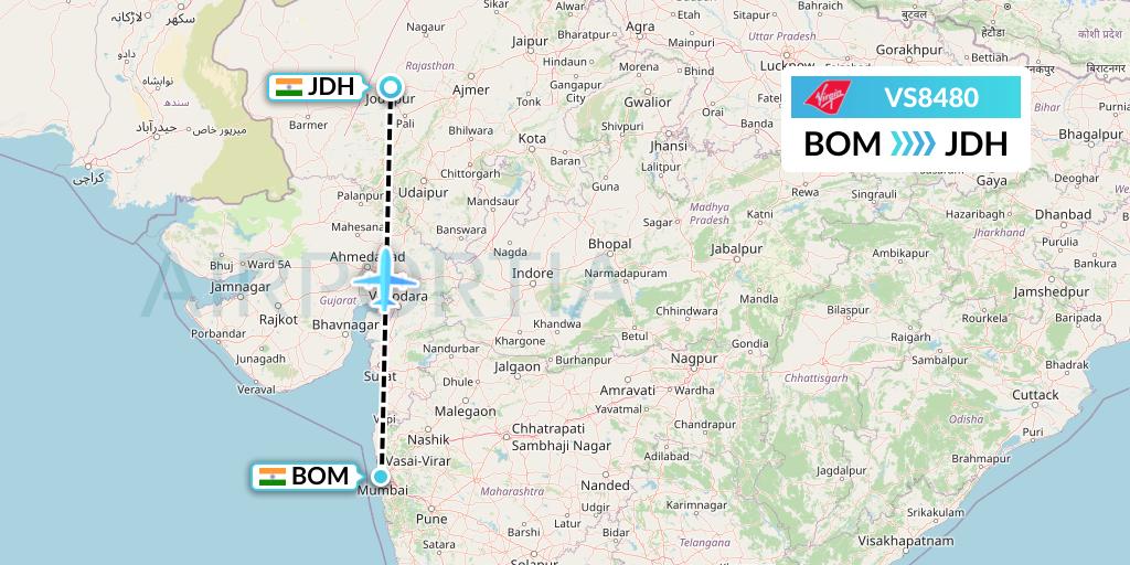 VS8480 Virgin Atlantic Airways Flight Map: Mumbai to Jodhpur