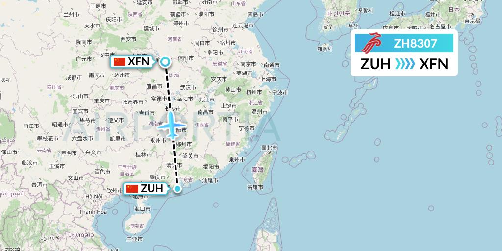 ZH8307 Shenzhen Airlines Flight Map: Zhuhai to Xiangyang