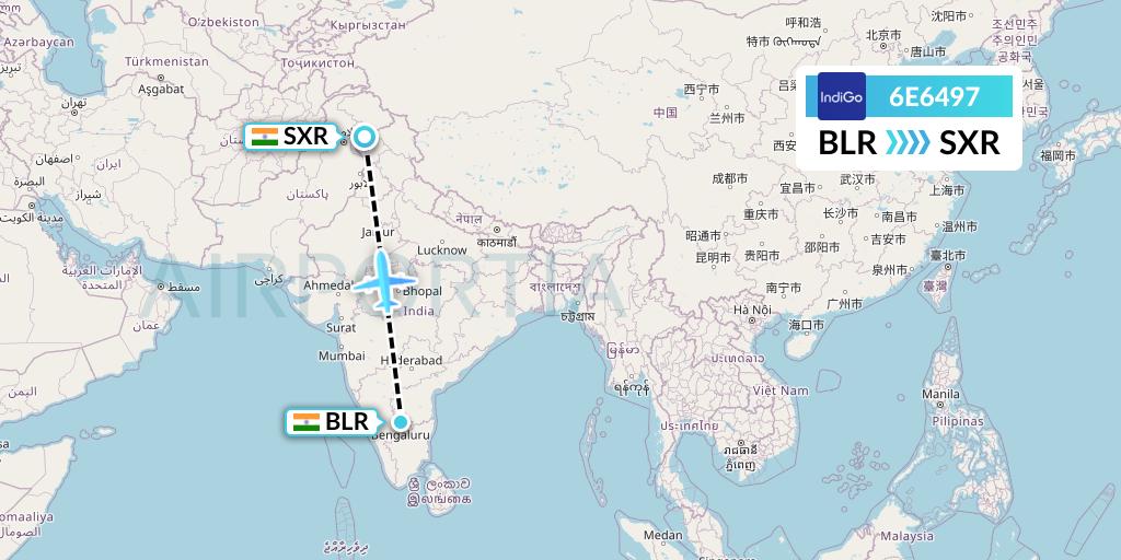 6E6497 IndiGo Airlines Flight Map: Bangalore to Srinagar