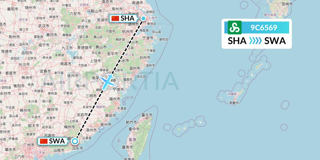 9C6569 Spring Airlines Flight Map: Shanghai to Jieyang