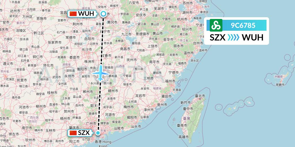 9C6785 Spring Airlines Flight Map: Shenzhen to Wuhan