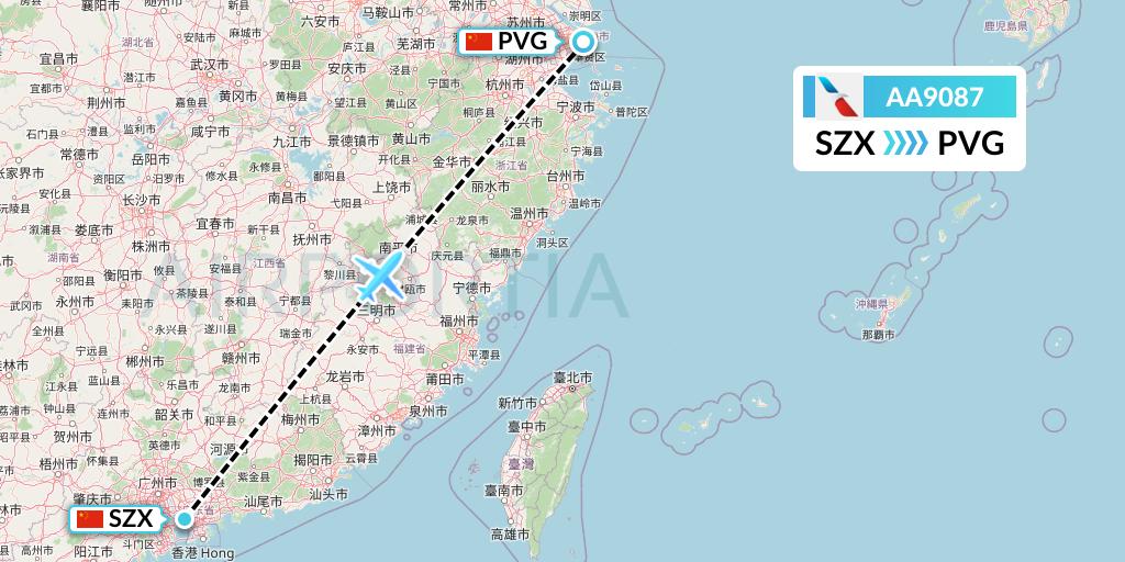 AA9087 American Airlines Flight Map: Shenzhen to Shanghai