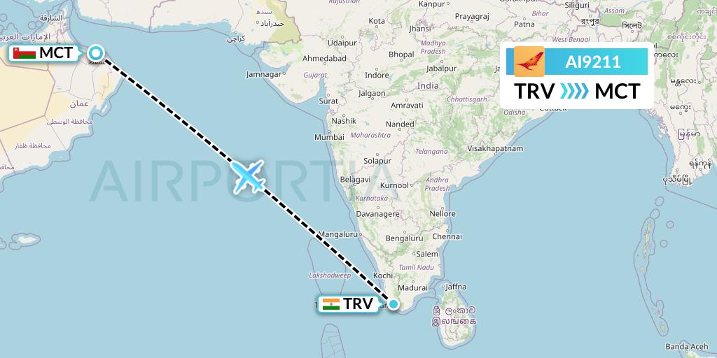 AI9211 Air India Flight Map: Thiruvananthapuram to Muscat