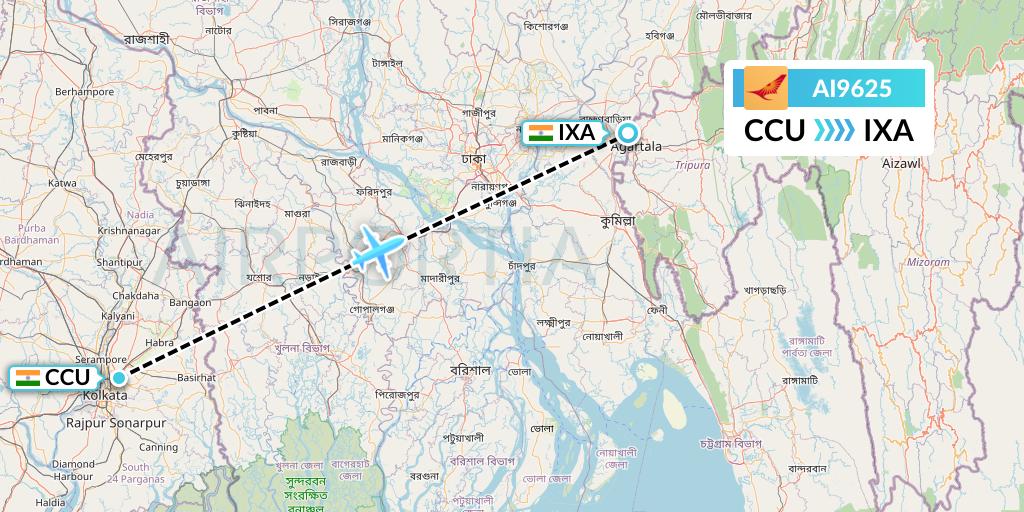AI9625 Air India Flight Map: Kolkata to Agartala