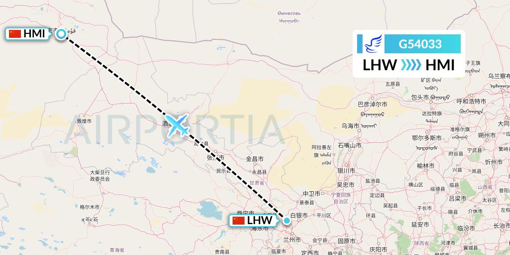 G54033 China Express Airlines Flight Map: Lanzhou to Hami City