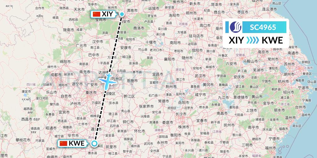 SC4965 Shandong Airlines Flight Map: Xi'an to Guiyang
