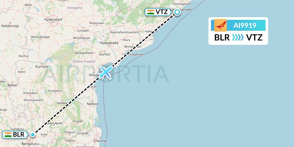 AI9919 Air India Flight Map: Bangalore to Visakhapatnam