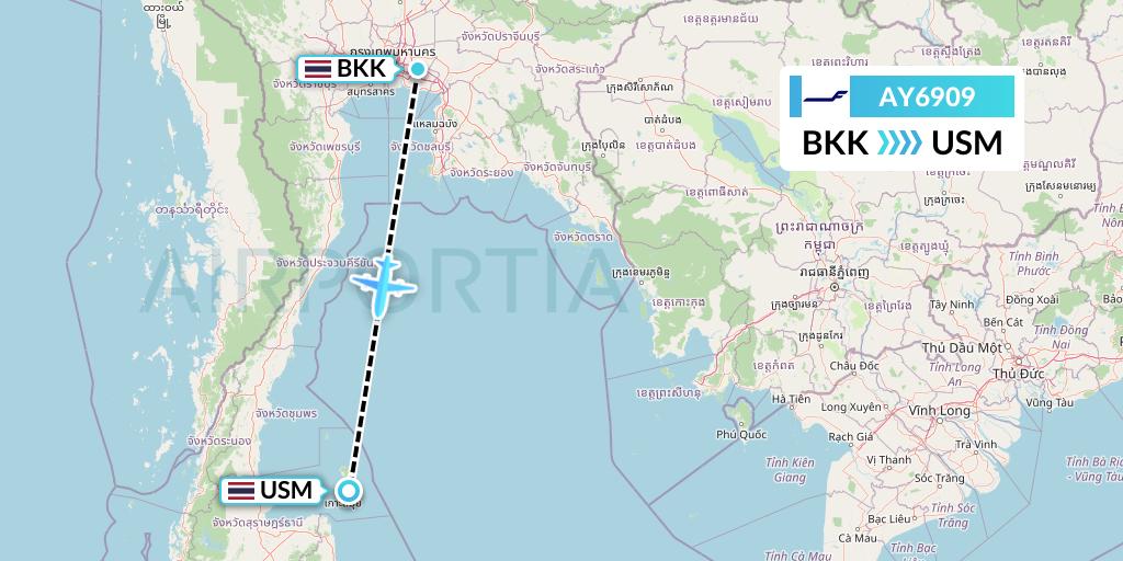AY6909 Finnair Flight Map: Bangkok to Koh Samui