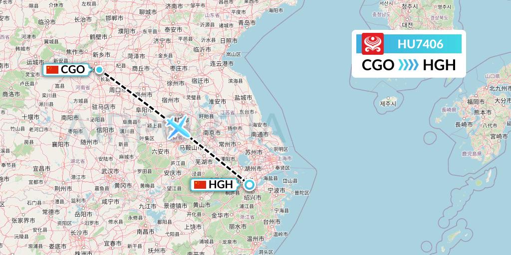 HU7406 Hainan Airlines Flight Map: Zhengzhou to Hangzhou