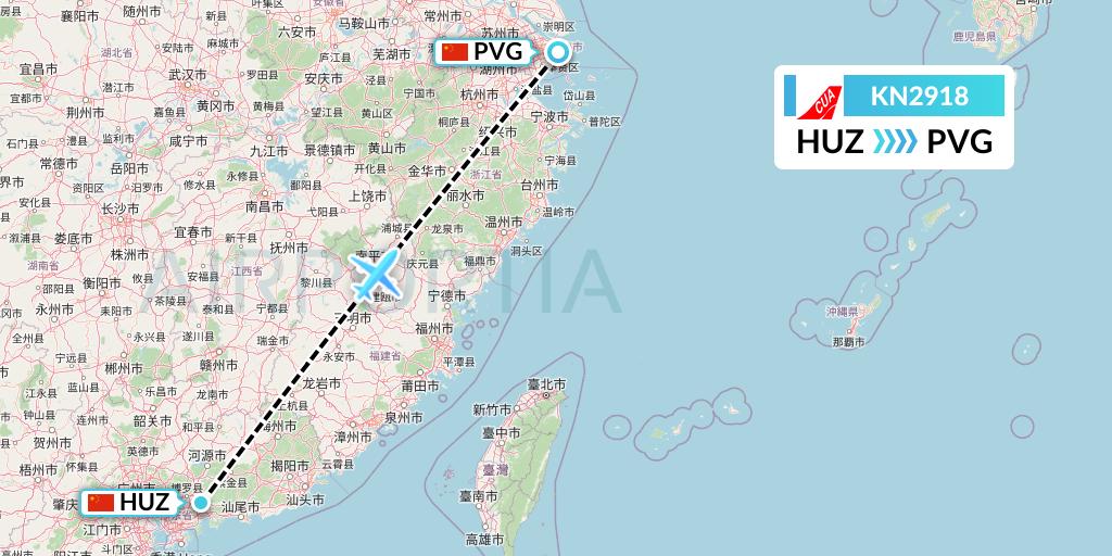KN2918 China United Airlines Flight Map: Huizhou to Shanghai