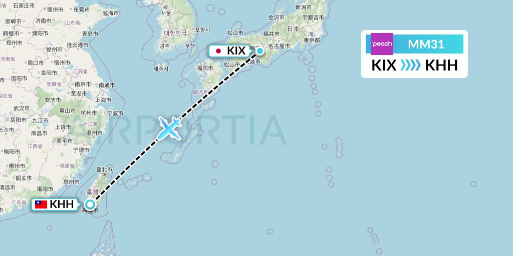 MM31 Peach Aviation Flight Map: Osaka to Kaohsiung