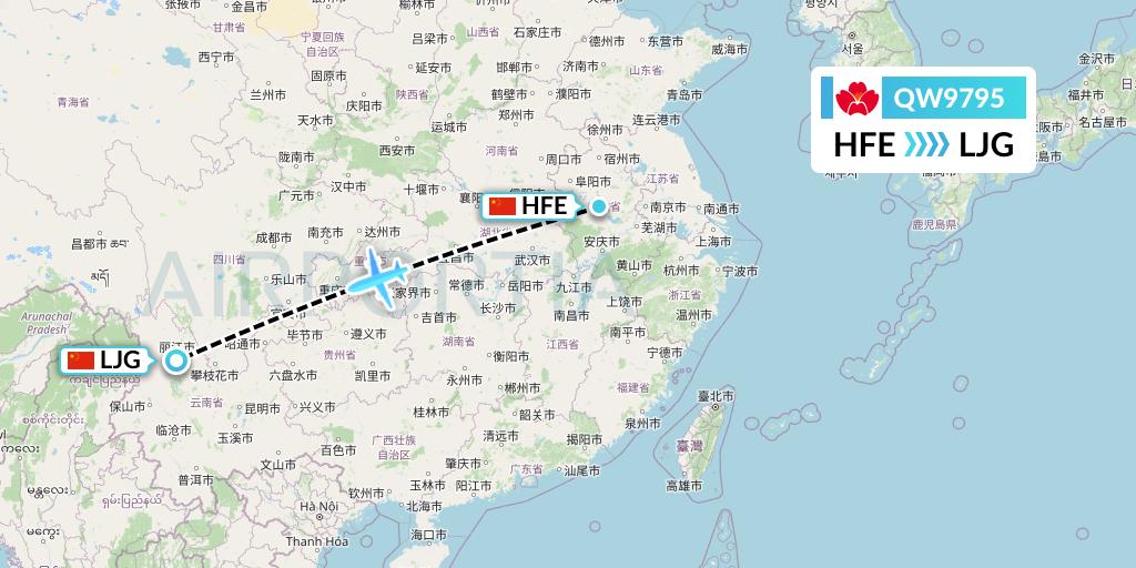 QW9795 Qingdao Airlines Flight Map: Hefei to Lijiang