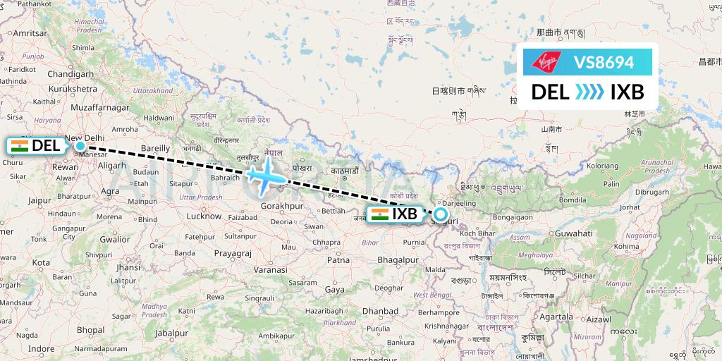 VS8694 Virgin Atlantic Airways Flight Map: Delhi to Siliguri
