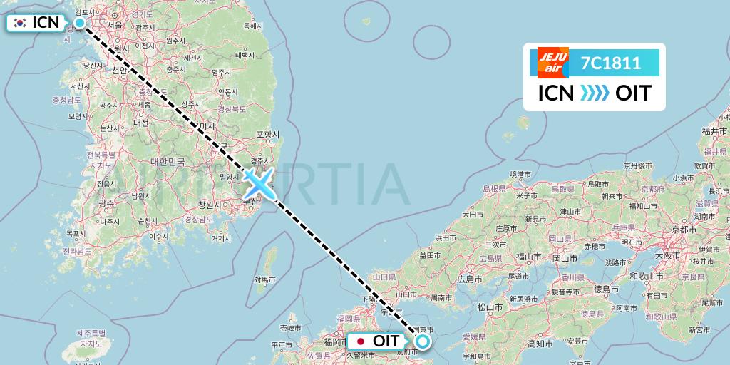 7C1811 Jeju Air Flight Map: Seoul to Oita