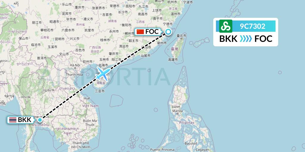 9C7302 Spring Airlines Flight Map: Bangkok to Fuzhou