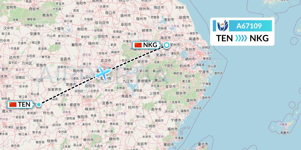 A67109 Hongtu Airlines Flight Map: Tongren to Nanjing