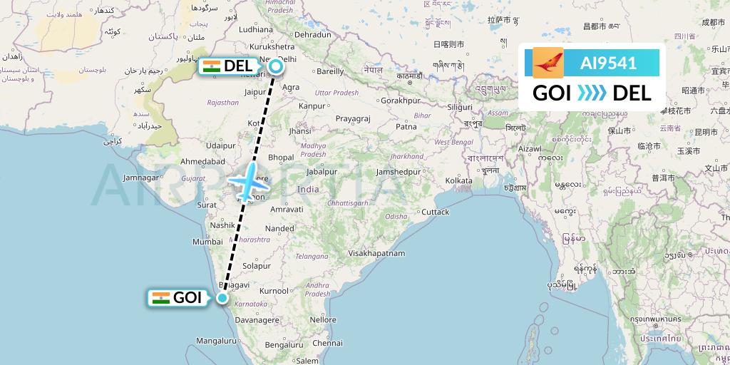 AI9541 Air India Flight Map: Goa to Delhi