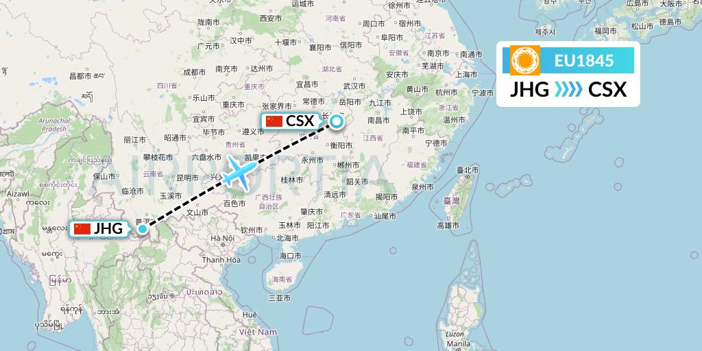 EU1845 Chengdu Airlines Flight Map: Jinghong to Changsha