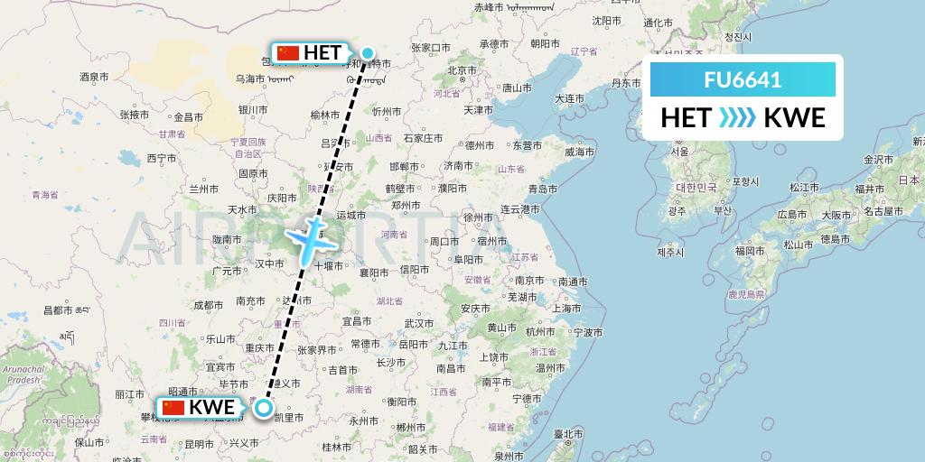 FU6641 Fuzhou Airlines Flight Map: Hohhot to Guiyang