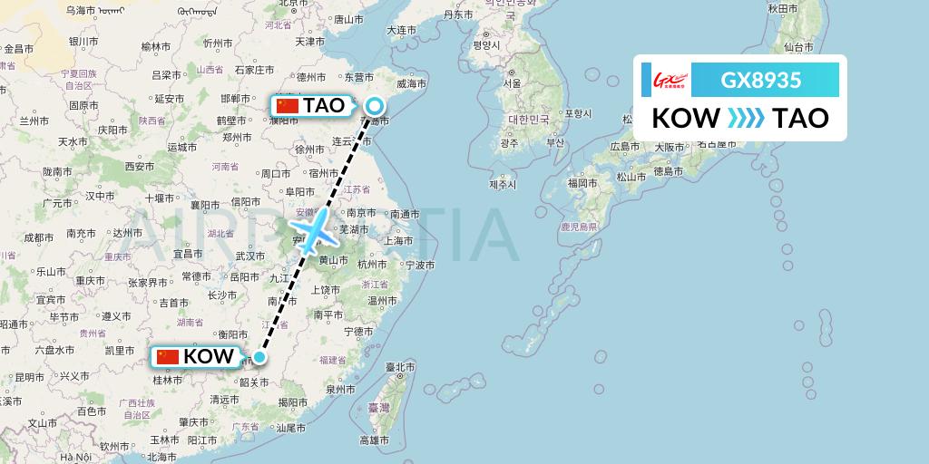 GX8935 GX Airlines Flight Map: Ganzhou to Qingdao