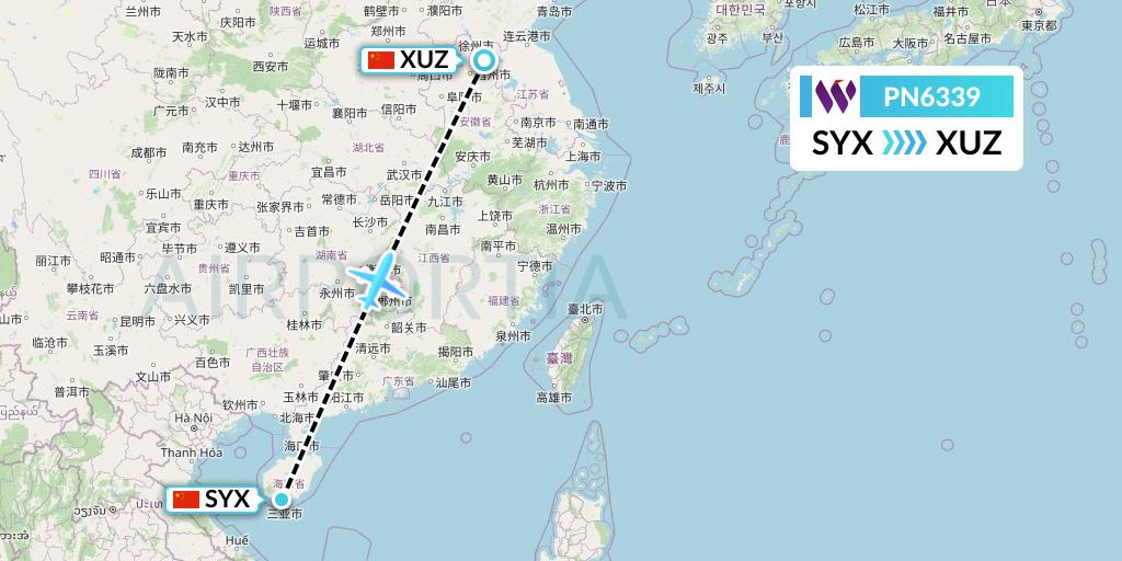 PN6339 China West Air Flight Map: Sanya to Xuzhou