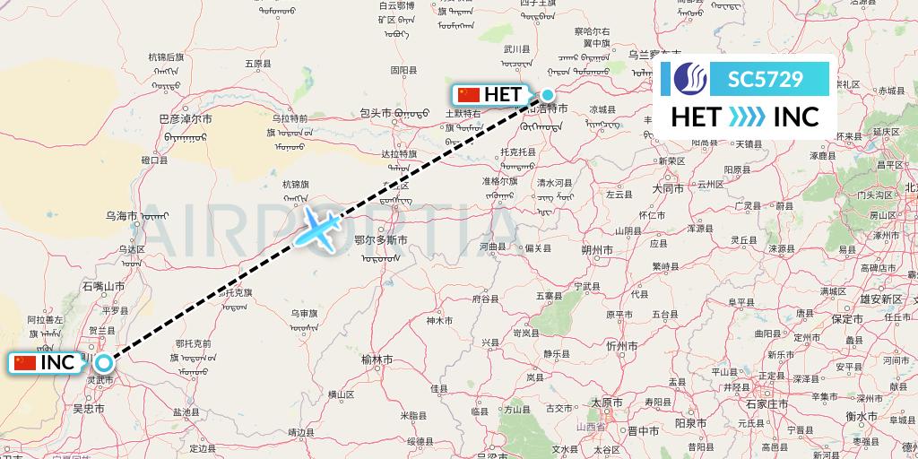SC5729 Shandong Airlines Flight Map: Hohhot to Yinchuan