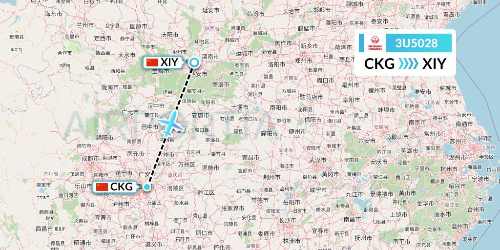 3U5028 Sichuan Airlines Flight Map: Chongqing to Xi'an