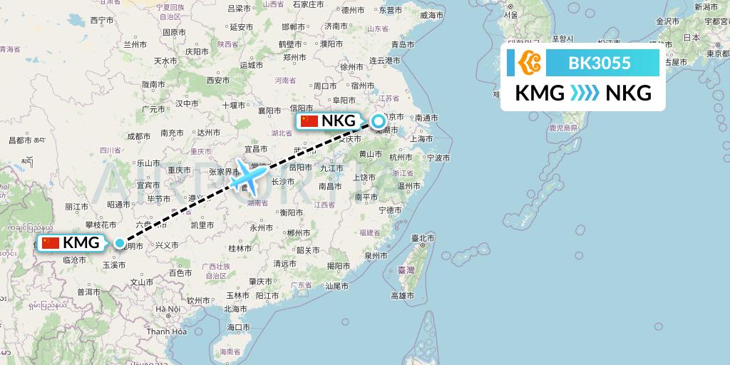 BK3055 Okay Airways Flight Map: Kunming to Nanjing