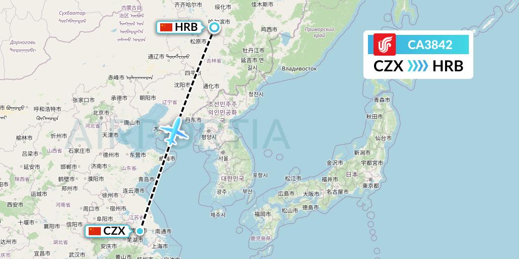 CA3842 Air China Flight Map: Changzhou to Harbin