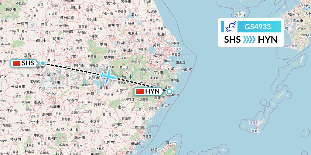 G54933 China Express Airlines Flight Map: Shashi to Huangyan
