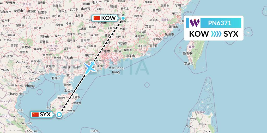 PN6371 China West Air Flight Map: Ganzhou to Sanya