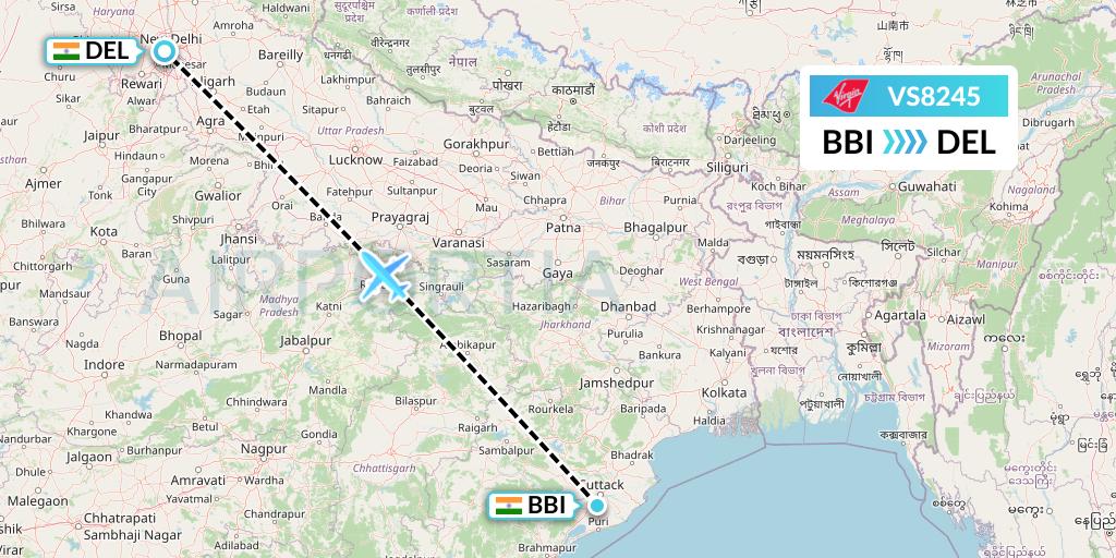 VS8245 Virgin Atlantic Airways Flight Map: Bhubaneswar to Delhi