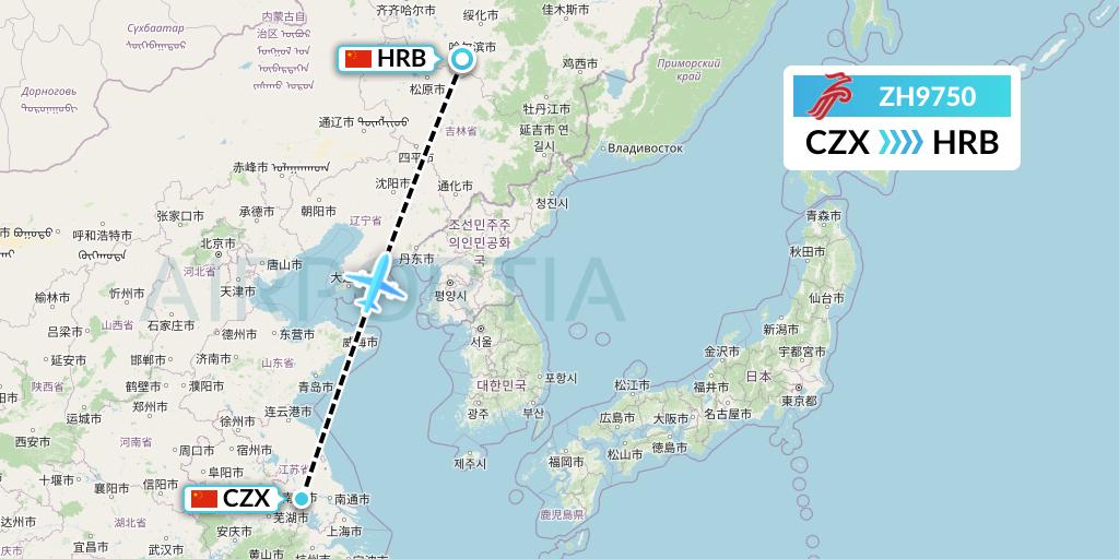 ZH9750 Shenzhen Airlines Flight Map: Changzhou to Harbin