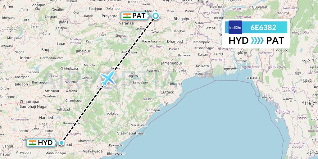 6E6382 IndiGo Airlines Flight Map: Hyderabad to Patna