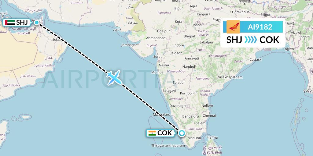 AI9182 Air India Flight Map: Sharjah to Cochin