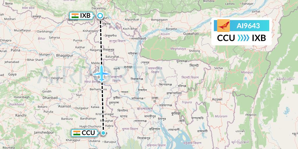 AI9643 Air India Flight Map: Kolkata to Siliguri