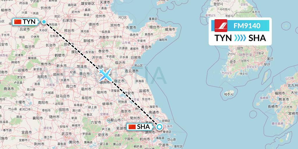 FM9140 Shanghai Airlines Flight Map: Taiyuan to Shanghai