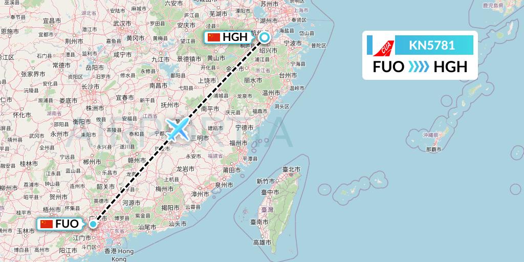 KN5781 China United Airlines Flight Map: Foshan to Hangzhou