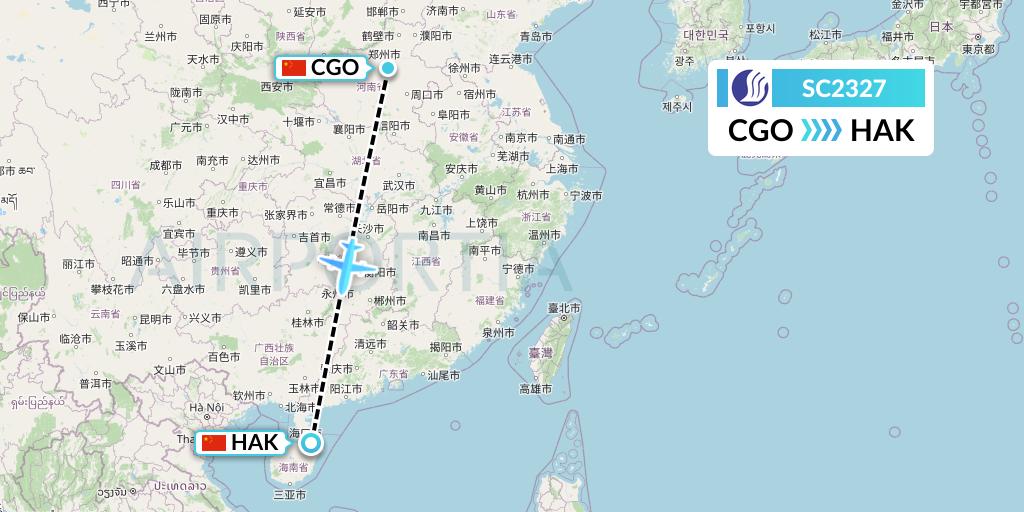 SC2327 Shandong Airlines Flight Map: Zhengzhou to Haikou