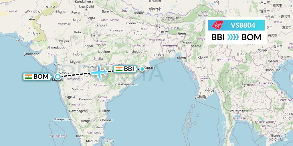 VS8804 Virgin Atlantic Airways Flight Map: Bhubaneswar to Mumbai