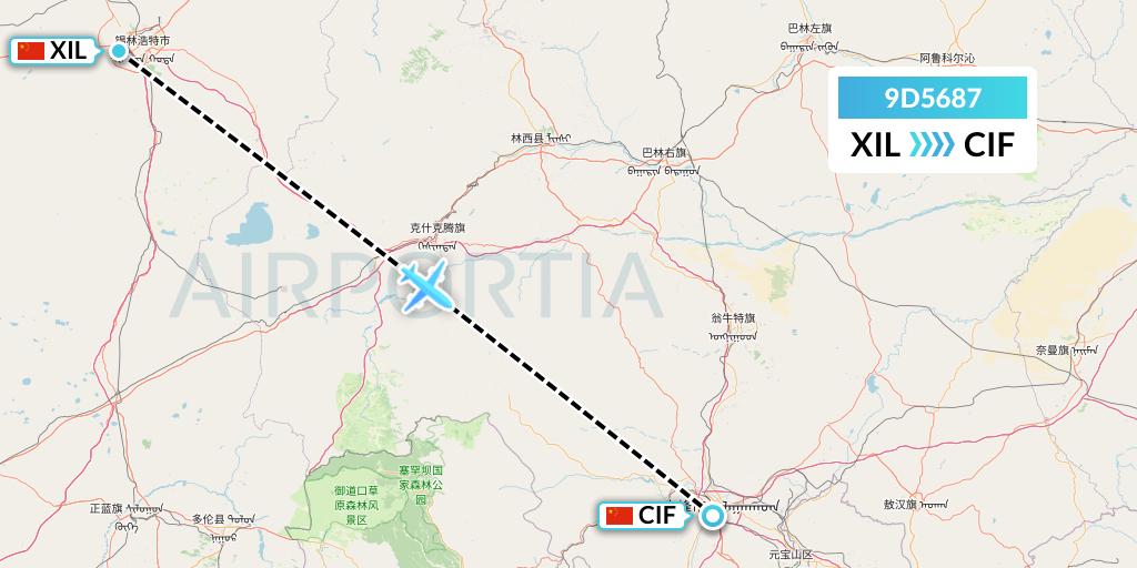 9D5687 Genghis Khan Airlines Flight Map: Xilinhot to Chifeng