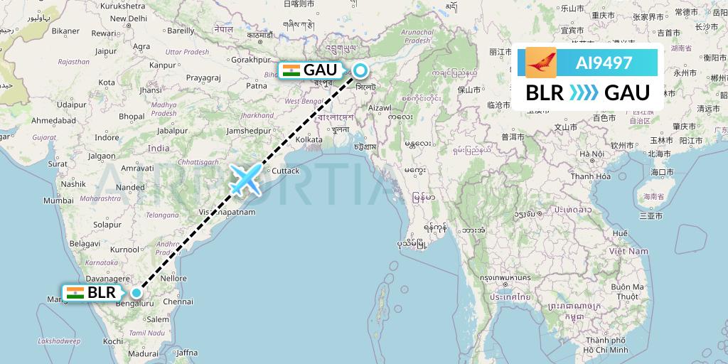 AI9497 Air India Flight Map: Bangalore to Guwahati