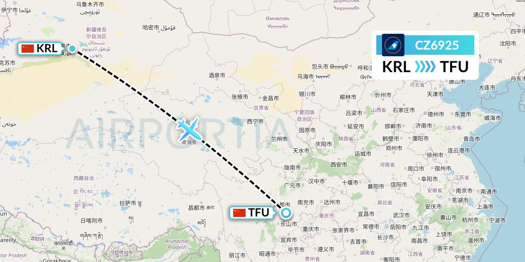 CZ6925 China Southern Airlines Flight Map: Korla to Chengdu